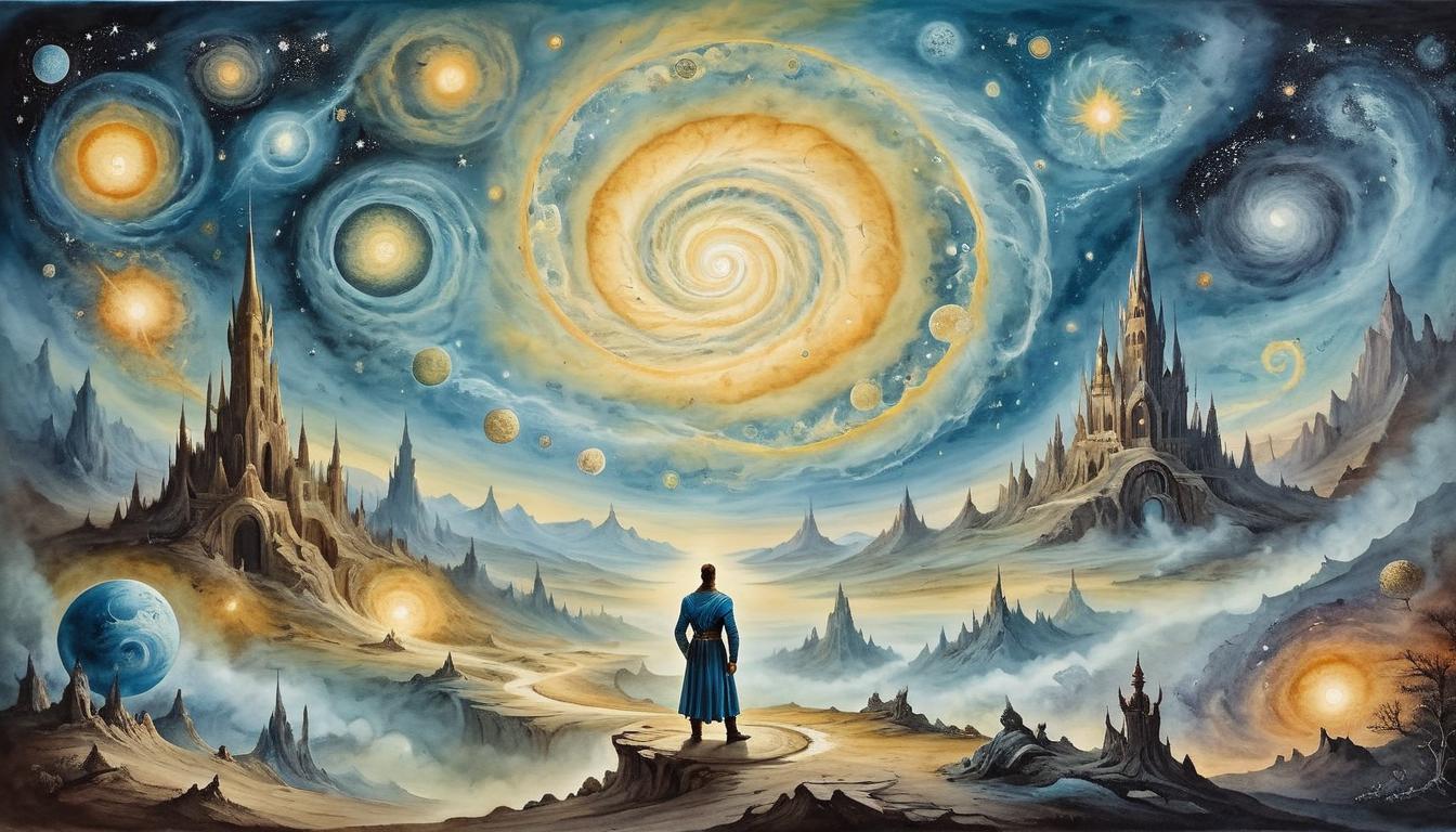  on parchment, surrealism+++, Vast cosmic landscape, swirling galaxies, a radiant figure at the center, cosmic significance, ethereal energy(mysterious, provocative, symbolic,muted color)+++