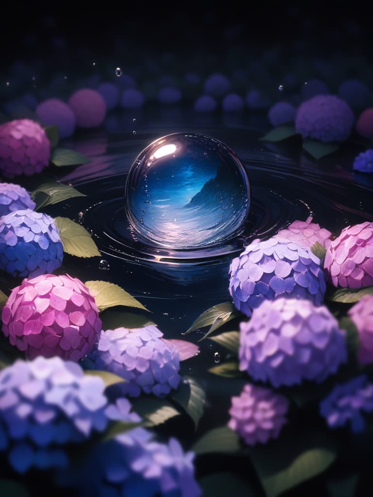  masterpiece,Realistic,(((Water droplet photo))),(((Spherical water droplet))),(((Landscape in water droplet: hydrangea))),jet black background, masterpiece, best quality,8k,ultra detailed,high resolution,an extremely delicate and beautiful,hyper detail