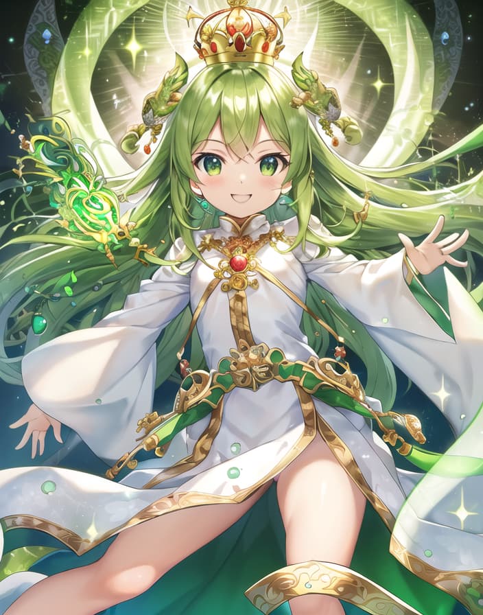  master piece , best quality,clear , perfect green, twin soul,twin christ,king of minolity,happy,smile,healing,white pantie,dragon god, crown,Dynamic pose, hair, ,Transparent long , Full of light, Knee length ,White background