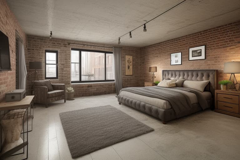  Living Room, Cozy, comfortable, family time, relaxation, entertainment, decor, furniture, lighting. The image presents an industrial loft theme, emphasizing raw textures, large windows, and a blend of cozy and rugged elements. Industrial loft bedroom with exposed brick walls, large windows, a simple gray bed, eclectic pillows, and vintage decor accents. industrial loft, bedroom, exposed brick walls, large windows, gray bed, eclectic pillows, vintage decor, cozy, rugged elements