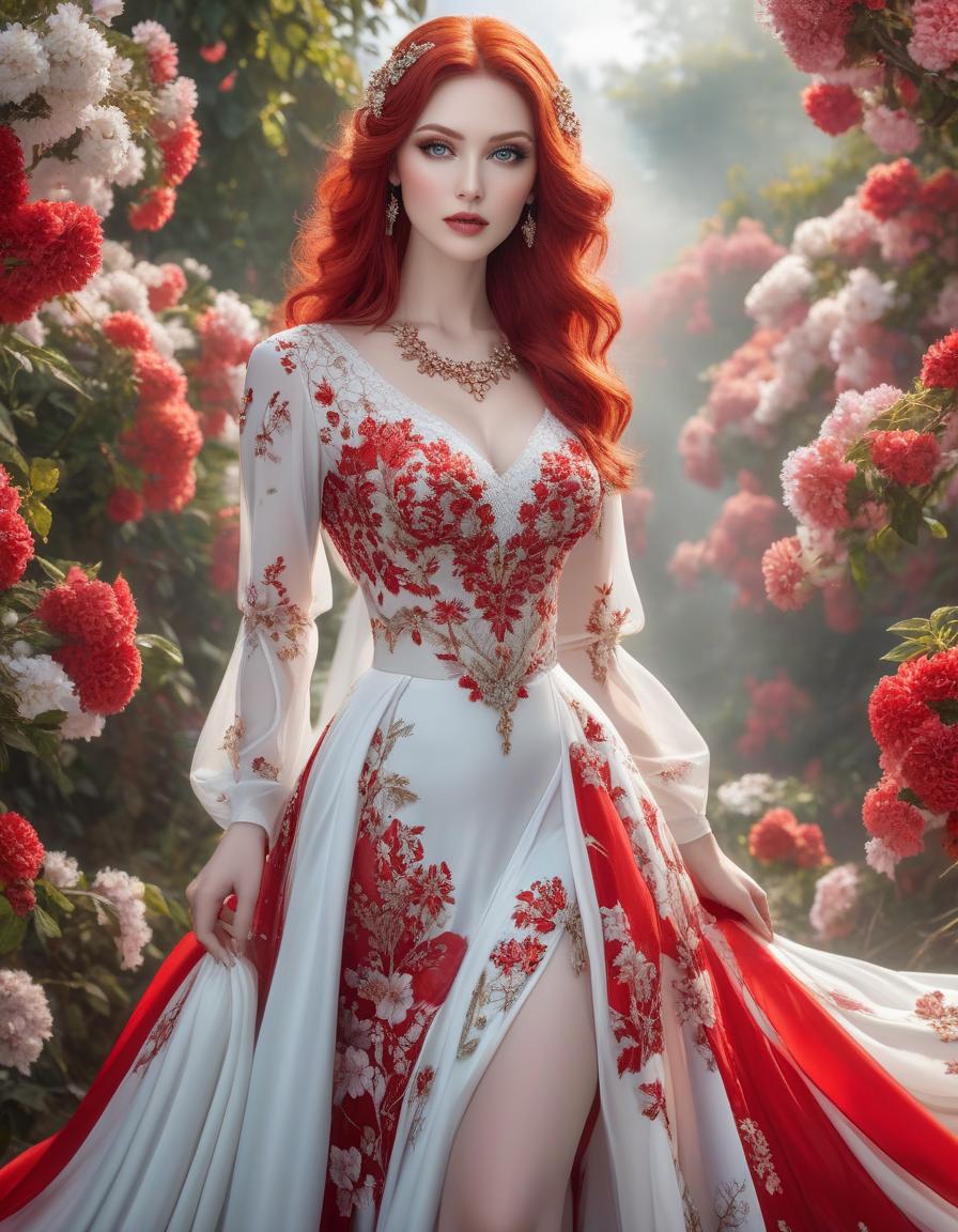  The best AI image of an exquisitely beautiful woman with beautiful eyes and beautiful mouth and milky white skin, she has flowing red tresses decorated with red and white flowers and is wearing an insanely beautiful and detailed dress, bold pastel colours hyperrealistic, full body, detailed clothing, highly detailed, cinematic lighting, stunningly beautiful, intricate, sharp focus, f/1. 8, 85mm, (centered image composition), (professionally color graded), ((bright soft diffused light)), volumetric fog, trending on instagram, trending on tumblr, HDR 4K, 8K