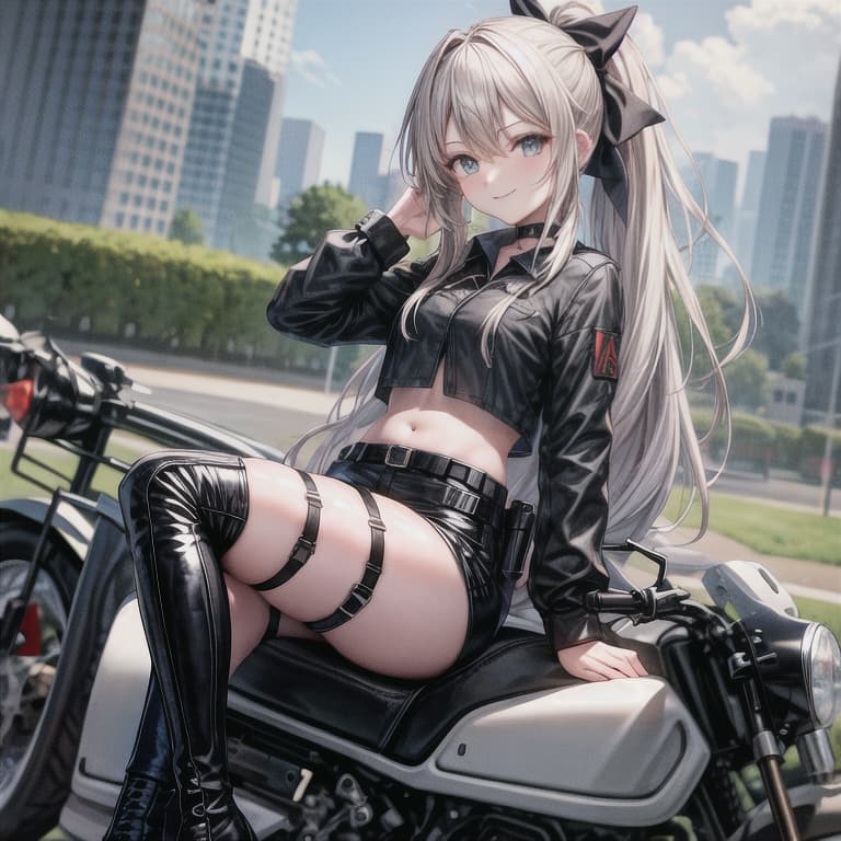  criin, 1, ammunition, belt, black footwear, black shirt, black shorts, hair, blue bow, blue eyes, boots, bow, s, building, choker, age, cloud, criin, crop top, garter straps, cafe gun, ground vehicle, hair between eyes, hair bow, hand up, high heel boots, high heels, highres, holding, holding hair, juno emmons, knee up, large s, crossed legs, long hair, long sleeves, looking at viewer, midriff, motor vehicle, motorcycle, , night, official art, outdoors, ponytail, revision, shirt, short shorts, shorts, sidelocks, skyscr, smile, solo, stomach, thigh boots, thigh strap, thighhighs, 