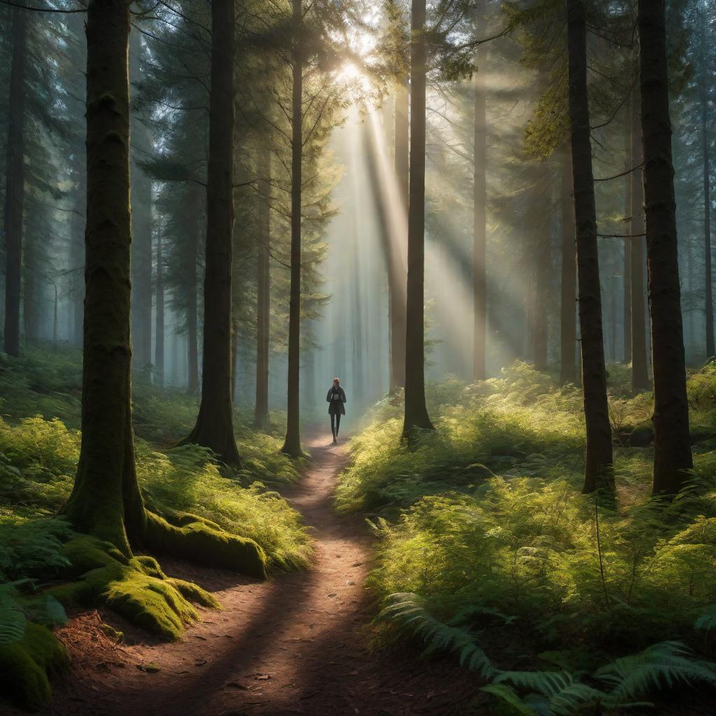  A deep forest scene where someone is running away, shadows play among tall trees. The forest has a mystical, magical aura with hints of enchantment like floating lights or sparkles. The person looks serene and determined, as if they've discovered something special. The atmosphere is mysterious and inviting, suggesting they will never return from this magical place. hyperrealistic, full body, detailed clothing, highly detailed, cinematic lighting, stunningly beautiful, intricate, sharp focus, f/1. 8, 85mm, (centered image composition), (professionally color graded), ((bright soft diffused light)), volumetric fog, trending on instagram, trending on tumblr, HDR 4K, 8K