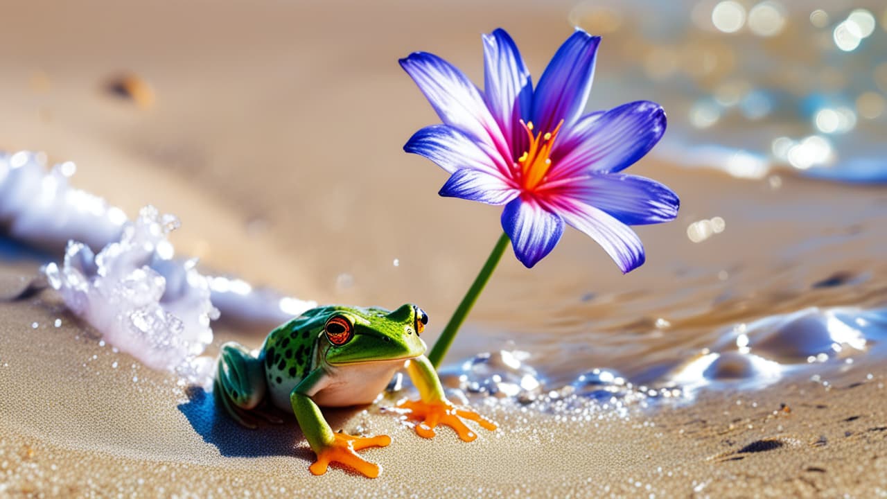  best quality, HD, Beach summer panoramic background with Darwin’s Frog flower on the cristal sand and glory water