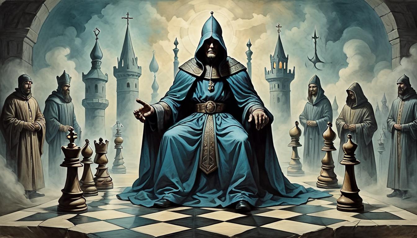  on parchment, surrealism+++, Figure in divine robes, expression cold and calculated, subtly manipulating an ethereal chessboard, mood of subtlety, underlying menace(mysterious, provocative, symbolic,muted color)+++