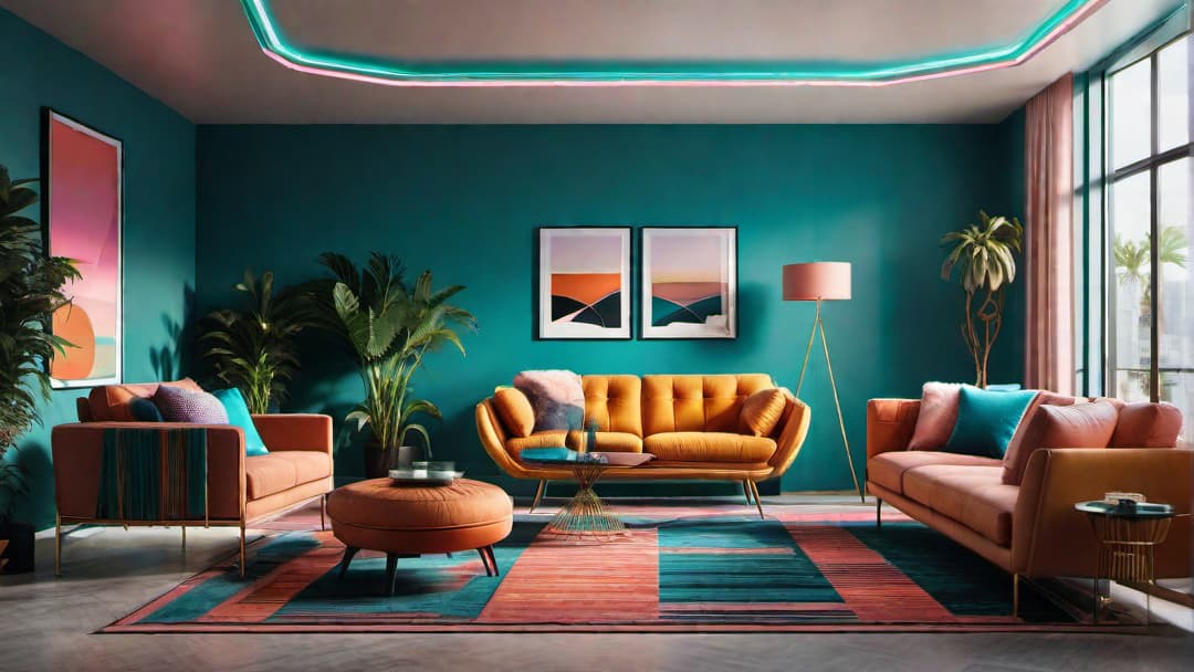  Create an image of a vibrant living room inspired by 80s retro home interior designs. The room should feature teal walls and a colorful geometric rug. Include an oversized, funky sofa in a retro print with mismatched throw pillows. Add a metallic arc floor lamp for a modern touch, along with retro wall art and vintage decorations. The overall vibe should be eclectic and nostalgic, capturing the essence of 80s retro design. hyperrealistic, full body, detailed clothing, highly detailed, cinematic lighting, stunningly beautiful, intricate, sharp focus, f/1. 8, 85mm, (centered image composition), (professionally color graded), ((bright soft diffused light)), volumetric fog, trending on instagram, trending on tumblr, HDR 4K, 8K