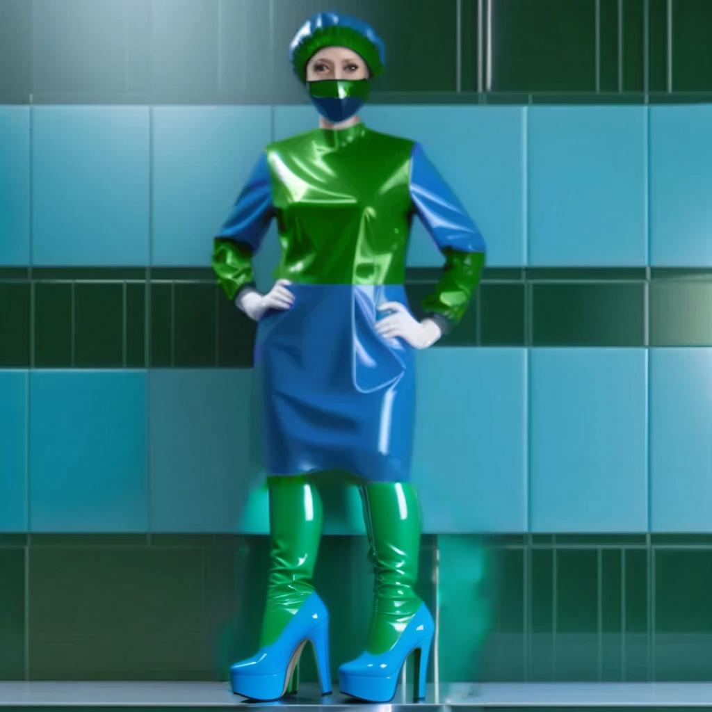  glossy latex, knee high surgical shoe covers high boots, (with flat soles, no heels:1.3), the upper part, from sole to ankle, dark blue, the lower part , from ankle to knee, dark green, surgical operating room shoes hyperrealistic, full body, detailed clothing, highly detailed, cinematic lighting, stunningly beautiful, intricate, sharp focus, f/1. 8, 85mm, (centered image composition), (professionally color graded), ((bright soft diffused light)), volumetric fog, trending on instagram, trending on tumblr, HDR 4K, 8K