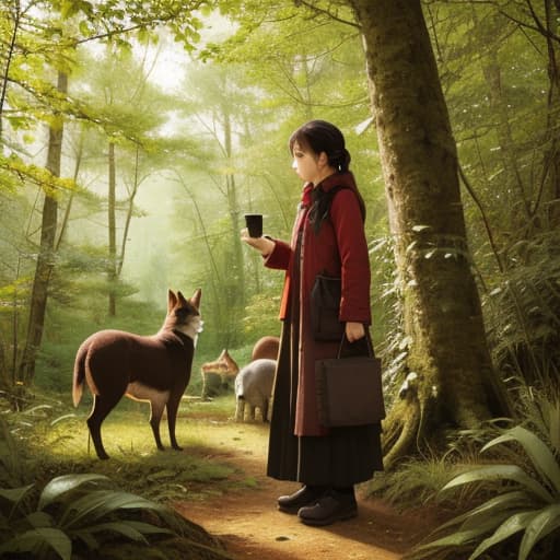  A girl and animals in the forest