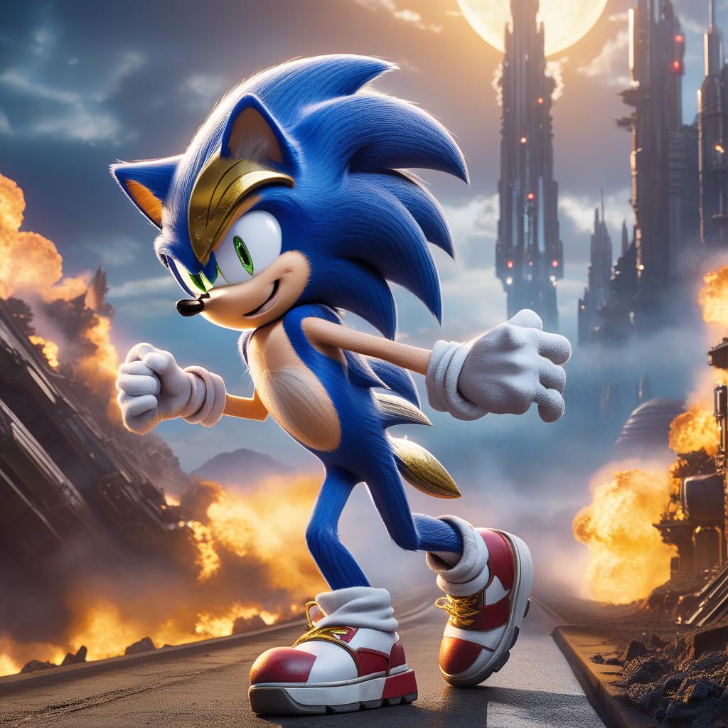  A hyperdetailed Sonic runs along a space highway, from the Sonic the Hedgehog movie, towering, ferocious, hyperrealistic, art, digital art, fantastic fantasy, detailed drawing, high resolution, medium shot, full size, 128k, photorealism, bright lighting, hyperdetailing of eyes and details, cinematic, with a yellow smog in the background, a destroyed planet on fire, stars, a glowing moon fragment. hyperrealistic, full body, detailed clothing, highly detailed, cinematic lighting, stunningly beautiful, intricate, sharp focus, f/1. 8, 85mm, (centered image composition), (professionally color graded), ((bright soft diffused light)), volumetric fog, trending on instagram, trending on tumblr, HDR 4K, 8K