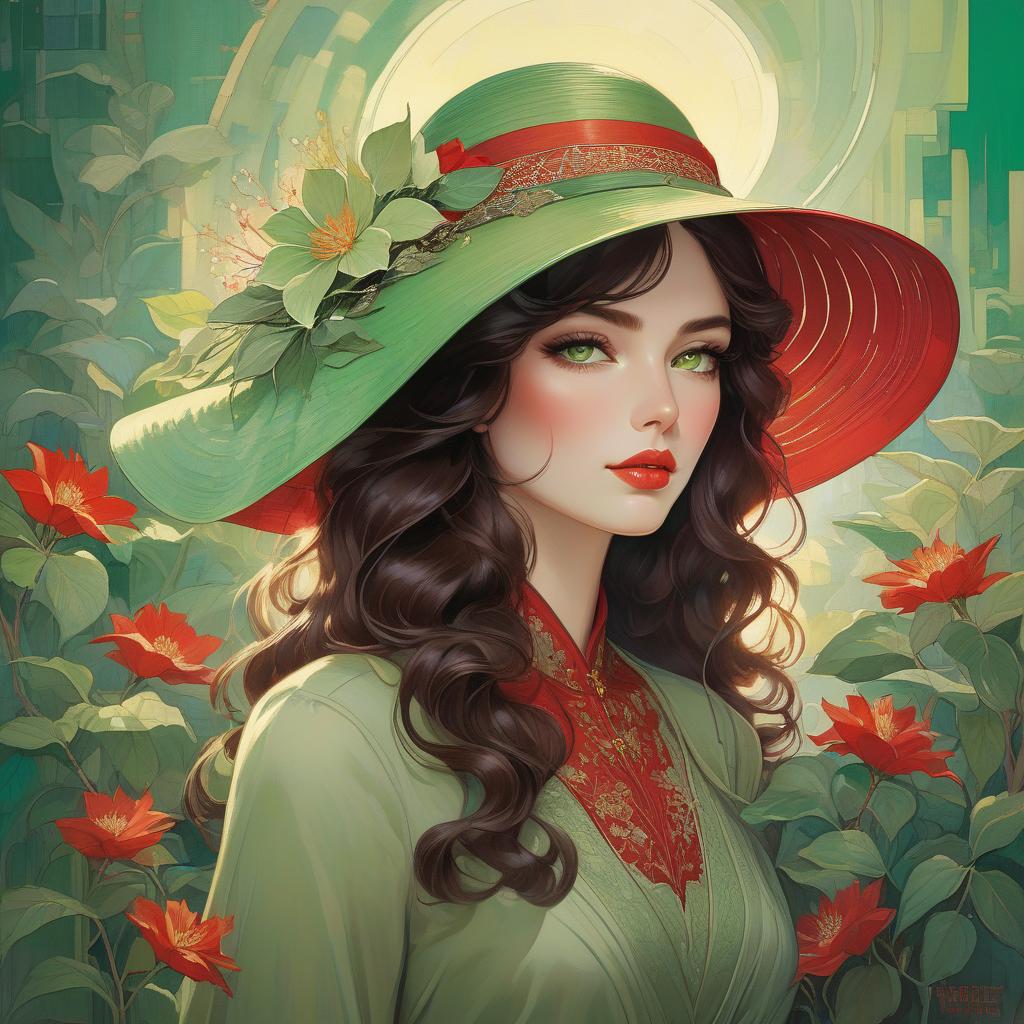  abstract expressionist painting A digital artwork of a woman with green eyes, wavy hair, wearing a broad brimmed hat adorned with a flower, set against a colorful backdrop. Art deco masterpiece by legendary artists that include vlop, Victo Ngai, Annigoni, Milo Manara, Botticelli, Catrin Welz Stein, Jean Metzinger, Gustav Klimt, image of a young woman with a fair complexion and soft facial features. She has charming almond shaped hazel eyes and full lips that add to her serene expression. Her wavy, dark brown hair falls gracefully under a wide brimmed, light green hat decorated with intricate lace patterns and a delicate red flower. The background merges with her form in a dreamy watercolor blend of green, red and hints of yellow, suggesting hyperrealistic, full body, detailed clothing, highly detailed, cinematic lighting, stunningly beautiful, intricate, sharp focus, f/1. 8, 85mm, (centered image composition), (professionally color graded), ((bright soft diffused light)), volumetric fog, trending on instagram, trending on tumblr, HDR 4K, 8K