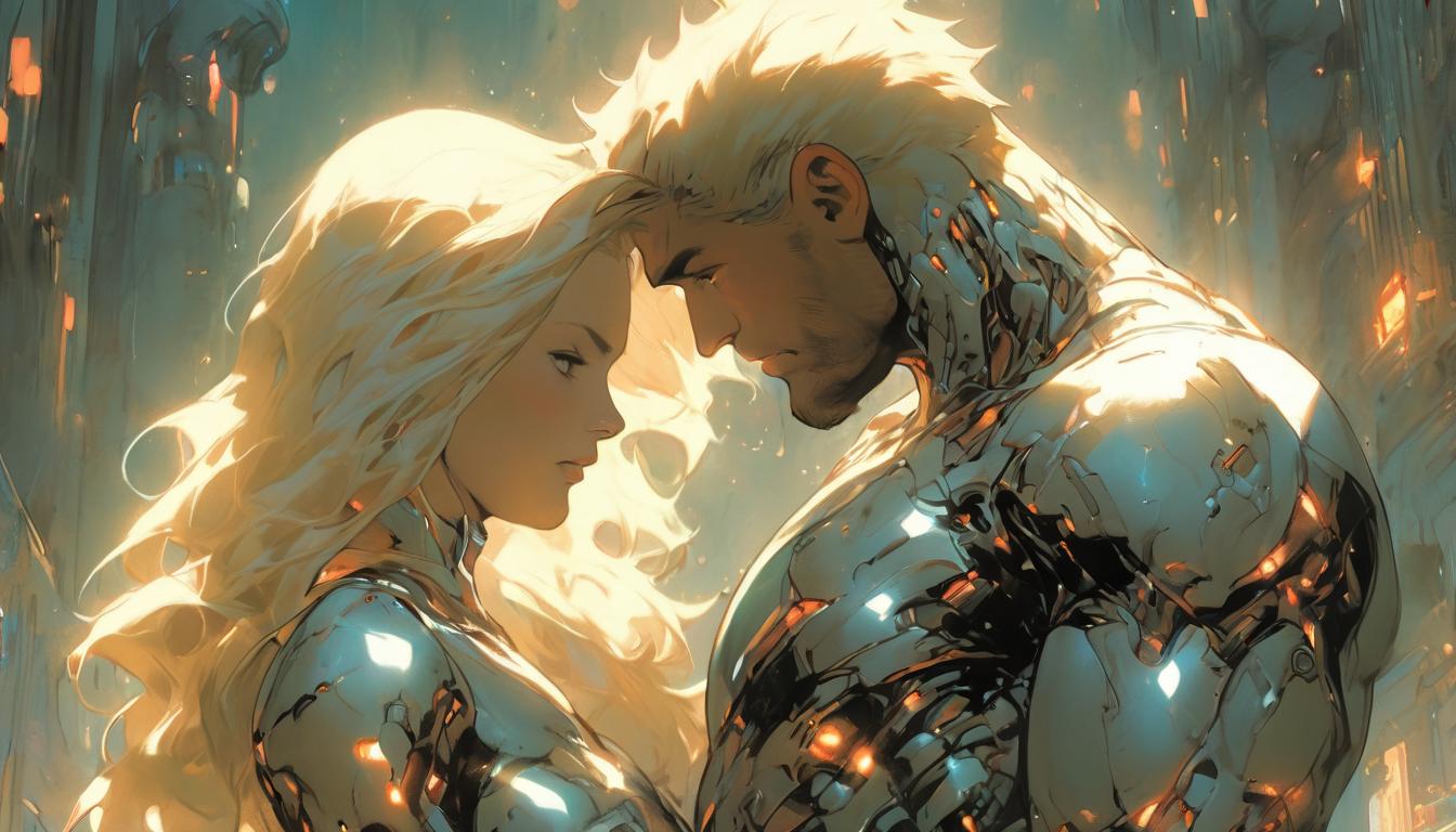  hyperrealism,fantasy aesthetic1woman1man, large busted attractive blonde arian female humanoid and handsome male humanoid, channelling love and wisdom, spiritual setting, high tech clothing clad in sleek, futuristic costume with metallic accents and form fitting designs, marvel superhero comics style, unreal engine rendering