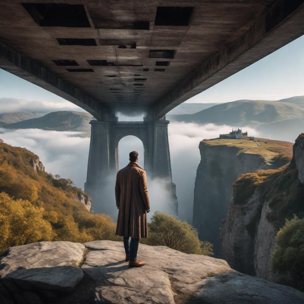  A series of images visualizing the psychological origins, mechanisms, and examples of self-sabotage, fear of failure, feeling of not deserving, self-hate, loser mentality, and complexes of the mind-state. 1. **Self-Sabotage**: Illustrate a person standing on a cliff edge hesitating to cross a bridge. The bridge is intact, but the person is overthinking and scared to move. Include overlaid text or symbols representing cognitive distortions and behavioral loops like procrastination. 2. **Fear of Failure**: A person looking at two doors: one labeled 'Success' and the other labeled 'Failure'. The person is paralyzed with indecision. Around them, negative visualization thought bubbles showing catastrophic scenarios if they choose the 'Success hyperrealistic, full body, detailed clothing, highly detailed, cinematic lighting, stunningly beautiful, intricate, sharp focus, f/1. 8, 85mm, (centered image composition), (professionally color graded), ((bright soft diffused light)), volumetric fog, trending on instagram, trending on tumblr, HDR 4K, 8K