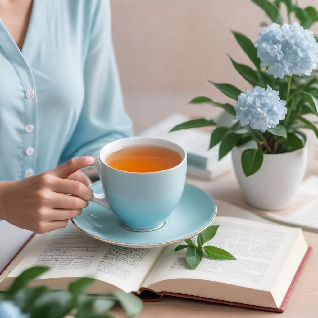  A compassionate and supportive virtual assistant offering a listening ear and guidance for mental health, depicted as a friendly figure with a warm smile. The background is soft and calming, with gentle colors such as light blues and pastels to evoke a sense of peace and support. The scene includes elements representing positive self-care practices, such as a cozy environment with plants, a journal, and a cup of tea, symbolizing mindfulness and relaxation. Icons of resources like a book or computer with a help icon subtly included to signify access to further support. hyperrealistic, full body, detailed clothing, highly detailed, cinematic lighting, stunningly beautiful, intricate, sharp focus, f/1. 8, 85mm, (centered image composition), (professionally color graded), ((bright soft diffused light)), volumetric fog, trending on instagram, trending on tumblr, HDR 4K, 8K