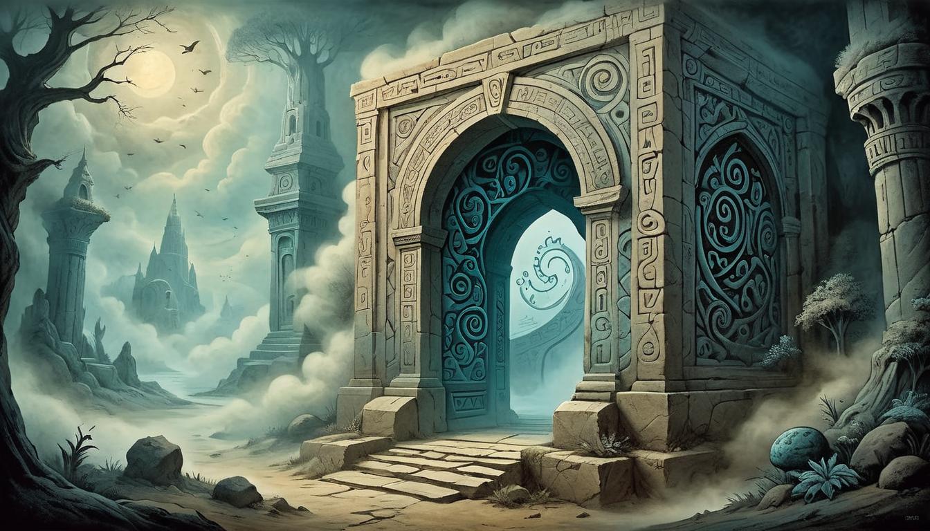  on parchment, surrealism+++, Mysterious doorway, carved with ancient symbols, suddenly opening, enveloped in swirling mist, sense of revelation, intriguing, magical(mysterious, provocative, symbolic,muted color)+++