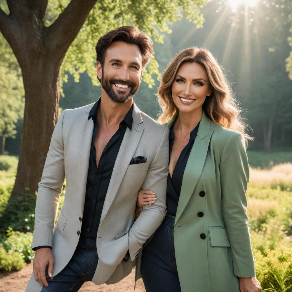  A family picture of Lloyd Sund and Shasta Brevic as if they are married. The picture shows both individuals standing together, smiling, and looking happy. They are casually dressed and the background is a lush green park on a sunny day. Both Lloyd and Shasta are holding hands and looking lovingly into each other’s eyes. The image should convey warmth, happiness, and love. hyperrealistic, full body, detailed clothing, highly detailed, cinematic lighting, stunningly beautiful, intricate, sharp focus, f/1. 8, 85mm, (centered image composition), (professionally color graded), ((bright soft diffused light)), volumetric fog, trending on instagram, trending on tumblr, HDR 4K, 8K