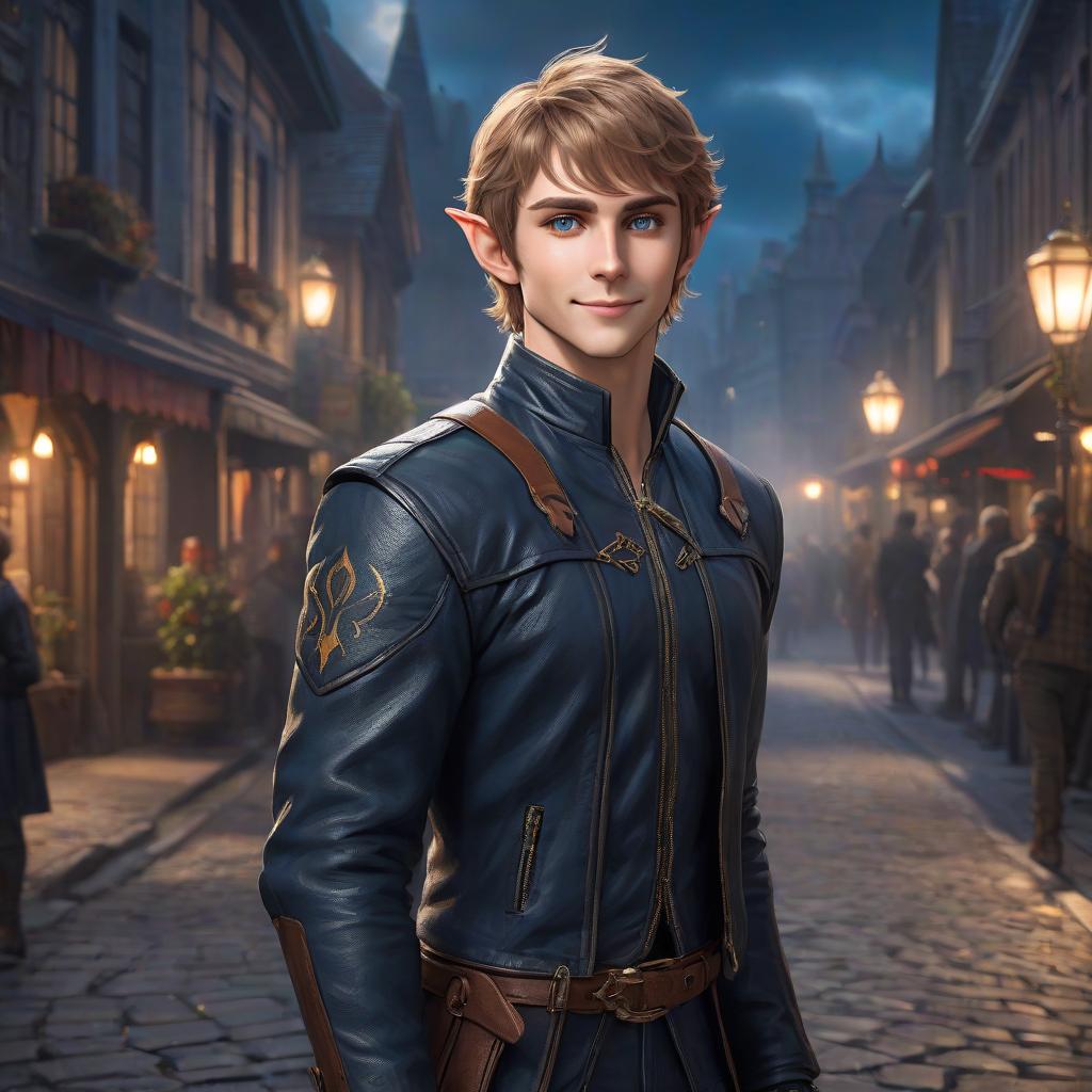  The guy is an elf with light brown hair. The hair is short, slightly curly. The eyes are a bright deep dark blue color. The face is round. He's smiling. His eyes are slyly narrowed. He is confident in himself. He's wearing a black leather jacket. He is an elf assassin hyperrealistic, full body, detailed clothing, highly detailed, cinematic lighting, stunningly beautiful, intricate, sharp focus, f/1. 8, 85mm, (centered image composition), (professionally color graded), ((bright soft diffused light)), volumetric fog, trending on instagram, trending on tumblr, HDR 4K, 8K