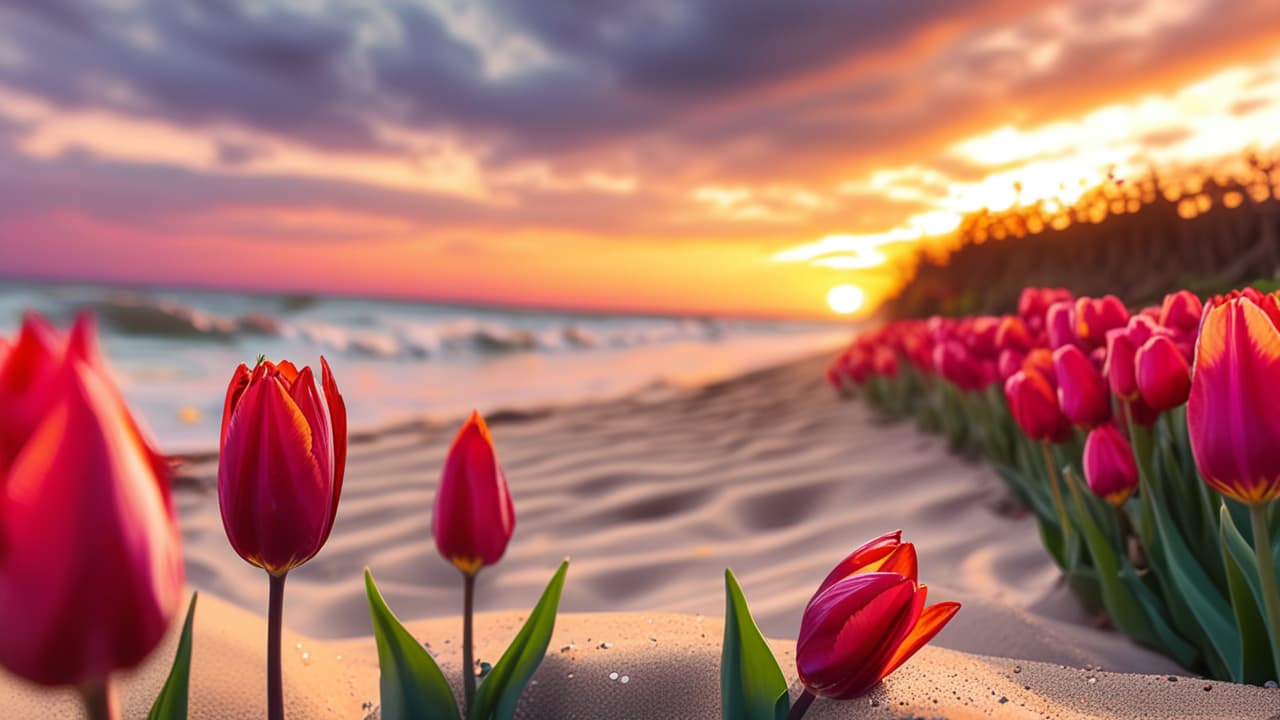  best quality, HD, Tulip on sand beach in close up with the sunset sky,