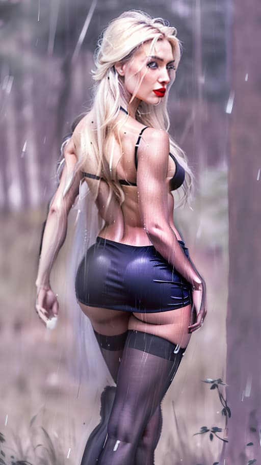  4K, realism, forest in the background, light rain, beautiful Slavic looking , long blond hair, black body hugging mini , black , black stockings, high heels, bare back, bare shoulders, thin waist, full hips, large s, red lipstick, heavily made up face, ually appealing , realistic, detailed, balanced, by Trey Ratcliff, Klaus Herrmann, Serge Ramelli, Jimmy McIntyre, Elia Locardi hyperrealistic, full body, detailed clothing, highly detailed, cinematic lighting, stunningly beautiful, intricate, sharp focus, f/1. 8, 85mm, (centered image composition), (professionally color graded), ((bright soft diffused light)), volumetric fog, trending on instagram, trending on tumblr, HDR 4K, 8K