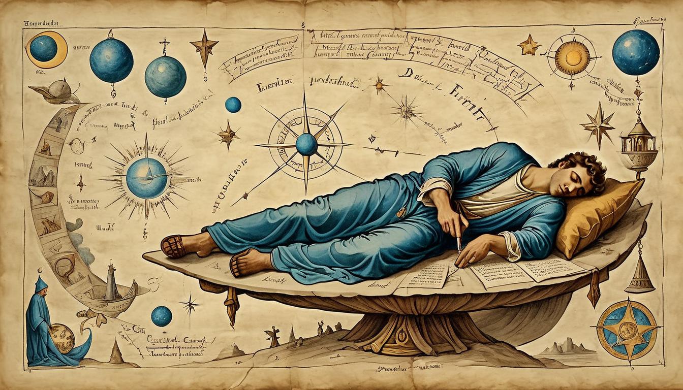  on parchment, surrealism+++, A young man (Joseph) dreaming of his future, celestial scenes playing out above him, surrounded by symbols of destiny and guidance, prophetic, visionary(mysterious, provocative, symbolic,muted color)+++