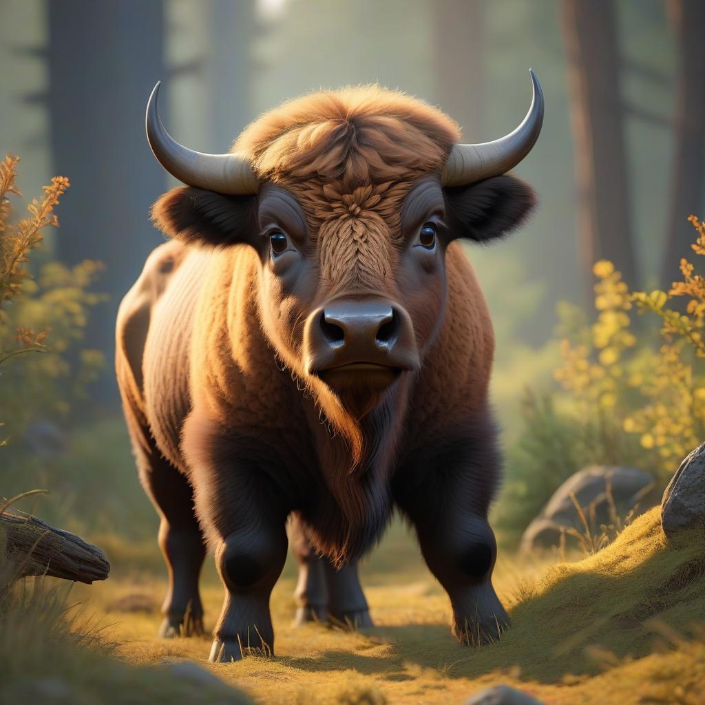  concept art A cartoon of a bison calf looking directly ahead. . digital artwork, illustrative, painterly, matte painting, highly detailed hyperrealistic, full body, detailed clothing, highly detailed, cinematic lighting, stunningly beautiful, intricate, sharp focus, f/1. 8, 85mm, (centered image composition), (professionally color graded), ((bright soft diffused light)), volumetric fog, trending on instagram, trending on tumblr, HDR 4K, 8K