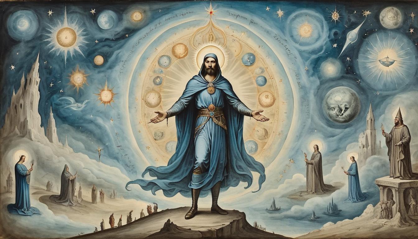  on parchment, surrealism+++, Figure surrounded by celestial aura, others in awe, divine attribute of patience(mysterious, provocative, symbolic,muted color)+++