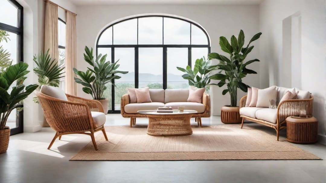  Spacious 80's living room with rattan and wicker furniture, including a wicker chair and coffee table, surrounded by houseplants and a woven rug, pastel color palette, large window with sheer curtains, natural sunlight, and 80's decorative accents additional guidelines  hyperrealistic, full body, detailed clothing, highly detailed, cinematic lighting, stunningly beautiful, intricate, sharp focus, f/1. 8, 85mm, (centered image composition), (professionally color graded), ((bright soft diffused light)), volumetric fog, trending on instagram, trending on tumblr, HDR 4K, 8K