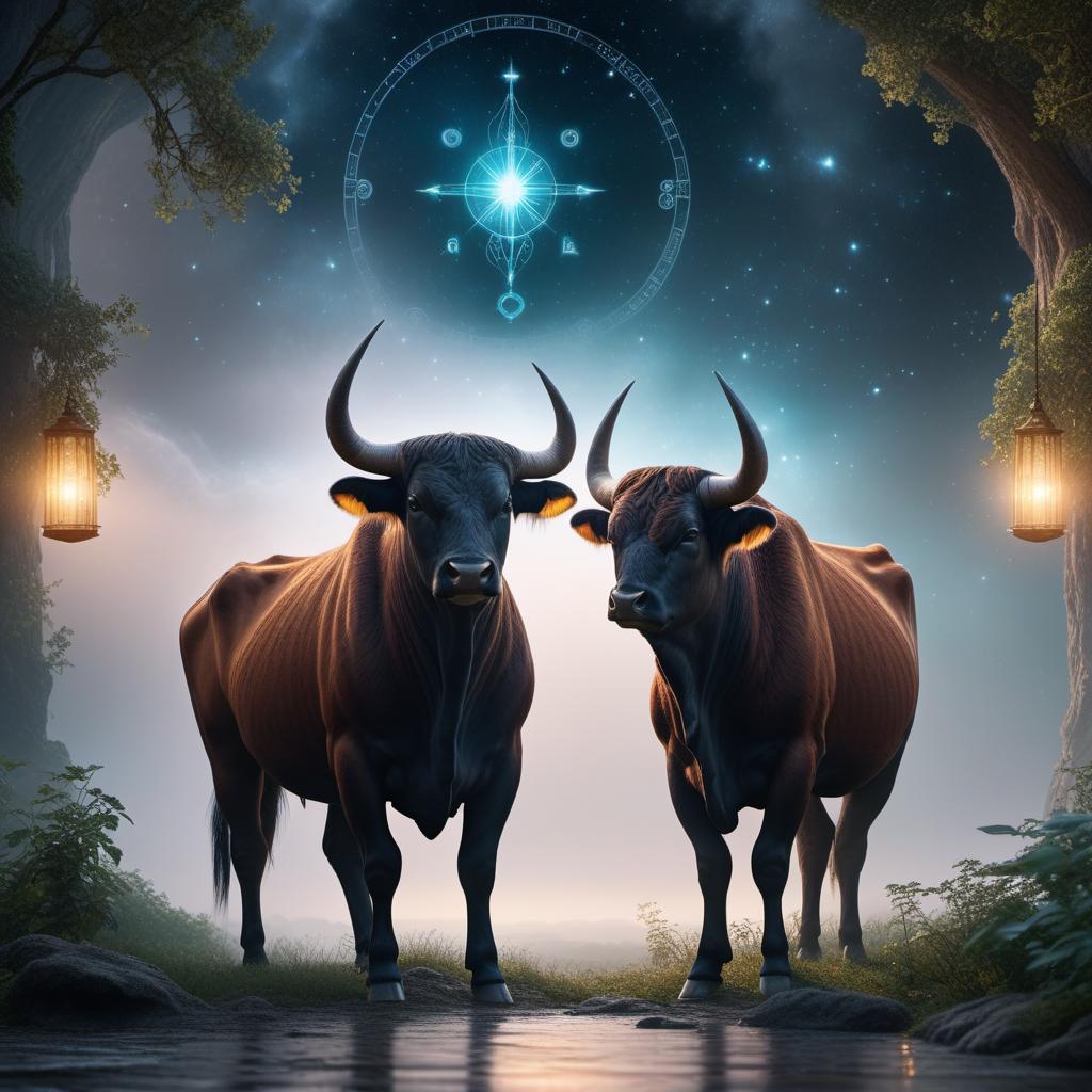  Taurus male and Gemini female zodiac sign in lofi fantasy style. The scene features a dreamy, mystical atmosphere with soft, glowing lights and ethereal colors. The Taurus male has a strong and nurturing presence with distinctive bull horns, while the Gemini female has a curious and playful expression. They are surrounded by zodiac symbols, stars, and a serene background, reflecting their astrological connection. hyperrealistic, full body, detailed clothing, highly detailed, cinematic lighting, stunningly beautiful, intricate, sharp focus, f/1. 8, 85mm, (centered image composition), (professionally color graded), ((bright soft diffused light)), volumetric fog, trending on instagram, trending on tumblr, HDR 4K, 8K