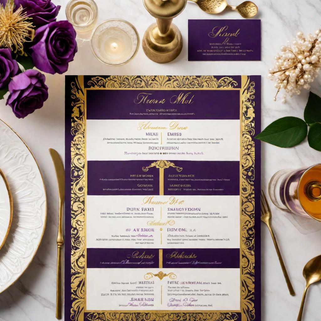  A one-page wedding drink menu using the colors gold, purple, and black. The menu should include four different drink options. Design it in an elegant and simple style with ornate borders. Use Arial font and subtle renaissance patterns or elements for a sophisticated look. hyperrealistic, full body, detailed clothing, highly detailed, cinematic lighting, stunningly beautiful, intricate, sharp focus, f/1. 8, 85mm, (centered image composition), (professionally color graded), ((bright soft diffused light)), volumetric fog, trending on instagram, trending on tumblr, HDR 4K, 8K