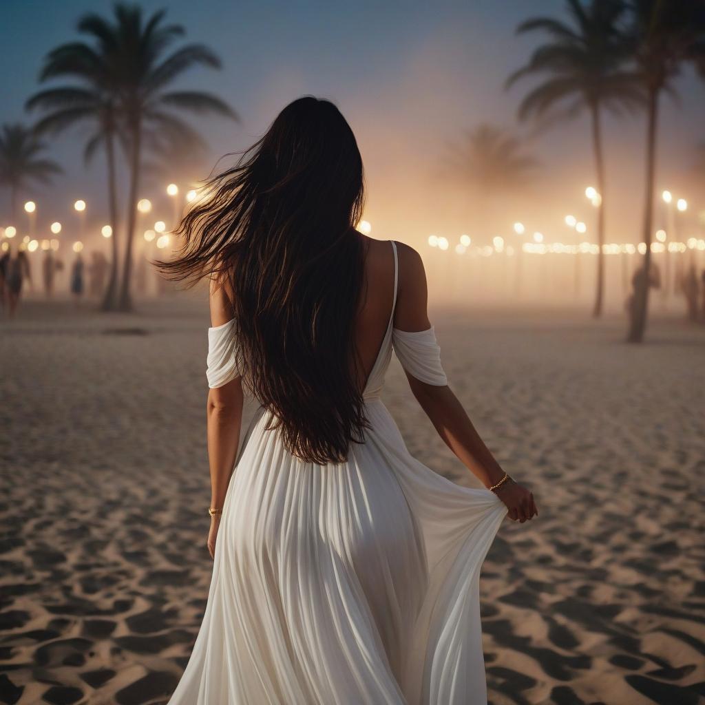  cinematic photo A fiery young woman with long dark hair stands with her back toward the camera. Faceless. She wears a minimalist white flowing dress. She stands close up in the frame. The wind blows her hair. In front, a summer night, palms, beach. There's a dance atmosphere. Club. Cocktails. . 35mm photograph, film, bokeh, professional, 4k, highly detailed hyperrealistic, full body, detailed clothing, highly detailed, cinematic lighting, stunningly beautiful, intricate, sharp focus, f/1. 8, 85mm, (centered image composition), (professionally color graded), ((bright soft diffused light)), volumetric fog, trending on instagram, trending on tumblr, HDR 4K, 8K