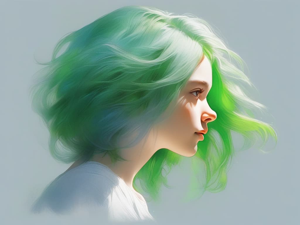  Green hair girl, profile, white T shirt, summer, masterpiece, best quality,8k,ultra detailed,high resolution,an extremely delicate and beautiful,hyper detail