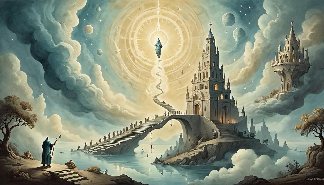  on parchment, surrealism+++, ethereal realms with floating staircases, figure stepping upwards, depicting ascension, radiant light at the top, transcendent, mystical(mysterious, provocative, symbolic,muted color)+++