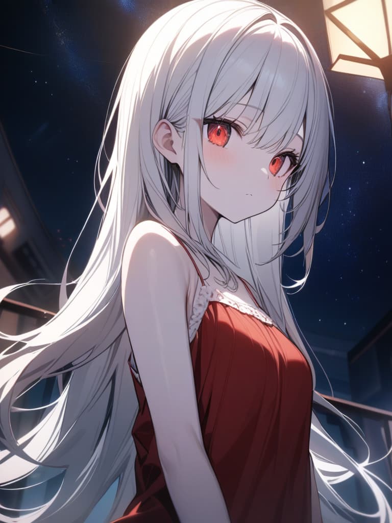  Cute, girl, young face, white skin, thin body, fluffy hair, white hair color, bright red eyes, large eyes, night, starry sky, camisole dress, masterpiece, best quality,8k,ultra detailed,high resolution,an extremely delicate and beautiful,hyper detail