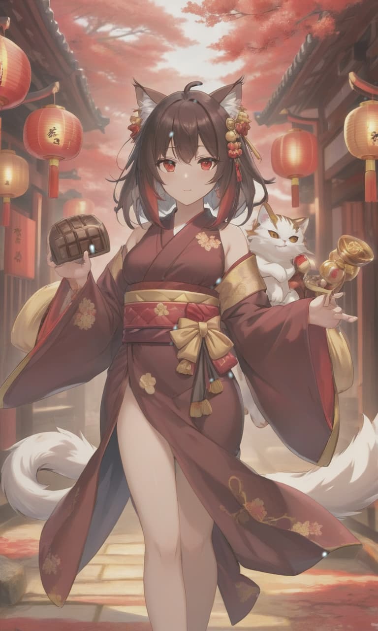  Tall girl. Long chocolate colored hair with red tips. Red colored eyes. On her head, lynx ears and tail of chocolate color. Wearing a short kimono. Kimono burgundy colored, with black and gold inlays, and open shoulders. There are gold accessories. On her feet, traditional Japanese shoes. The girl stands straight. Genshin Impact style. hyperrealistic, full body, detailed clothing, highly detailed, cinematic lighting, stunningly beautiful, intricate, sharp focus, f/1. 8, 85mm, (centered image composition), (professionally color graded), ((bright soft diffused light)), volumetric fog, trending on instagram, trending on tumblr, HDR 4K, 8K