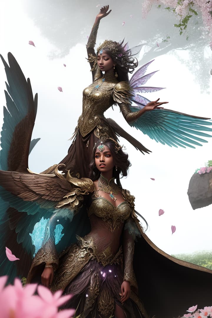  masterpiece, best quality, In a mystical and enchanting garden, a stunning brown skinned model with elegant wings stands in a graceful pose, radiating a sense of otherworldly beauty. The environment is filled with fantastical elements like sparkling fairy lights and floating petals, creating a whimsical and surreal atmosphere. The artwork is rendered in a detailed and colorful illustration style, reminiscent of a fantasy world brought to life. The lighting is soft and magical, with a warm glow casting a dreamy ambiance over the scene.