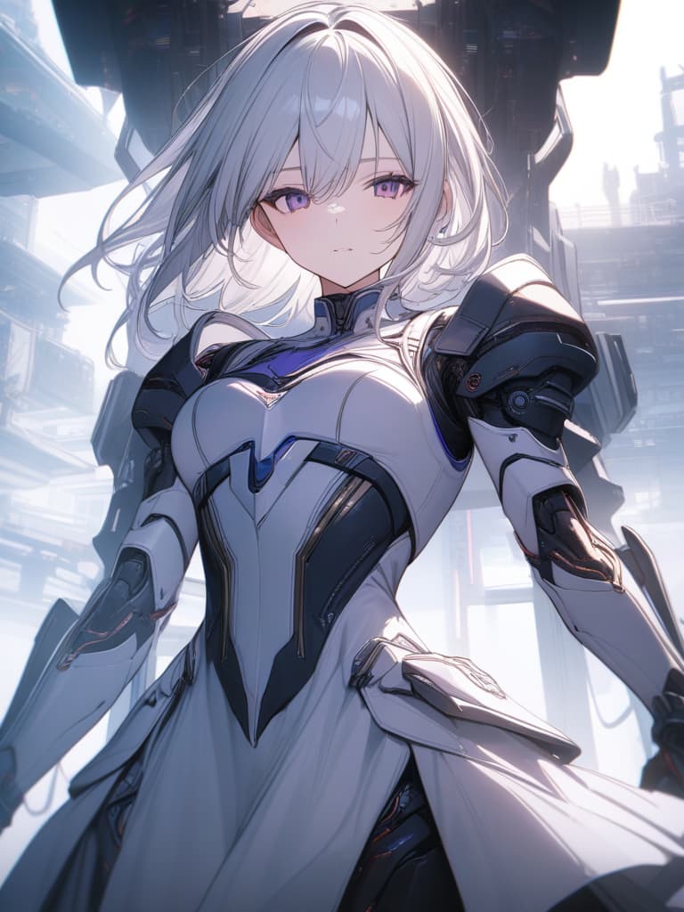  Robot, white hair, light purple, white dress clothes, Android girl, masterpiece, best quality,8k,ultra detailed,high resolution,an extremely delicate and beautiful,hyper detail