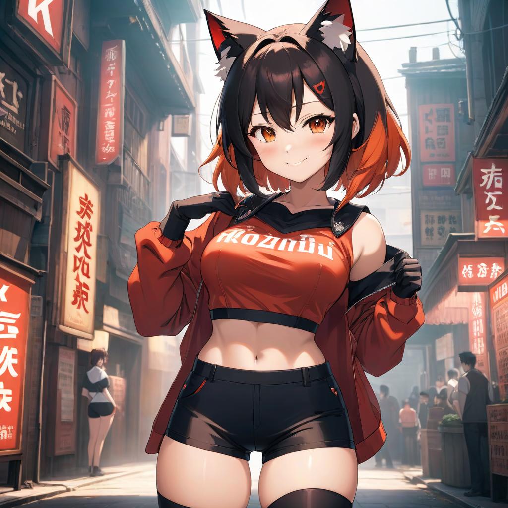  anime artwork A nine yea , a beautiful face, a tight and black red top, an ideal body shape, large hips and s, black red shorts, cat ears, smiling, has a good figure, well built legs and arms, on the shorts are large letters "K" "N", "K" orange "N" black. . anime style, key visual, vint, studio anime, highly detailed hyperrealistic, full body, detailed clothing, highly detailed, cinematic lighting, stunningly beautiful, intricate, sharp focus, f/1. 8, 85mm, (centered image composition), (professionally color graded), ((bright soft diffused light)), volumetric fog, trending on instagram, trending on tumblr, HDR 4K, 8K