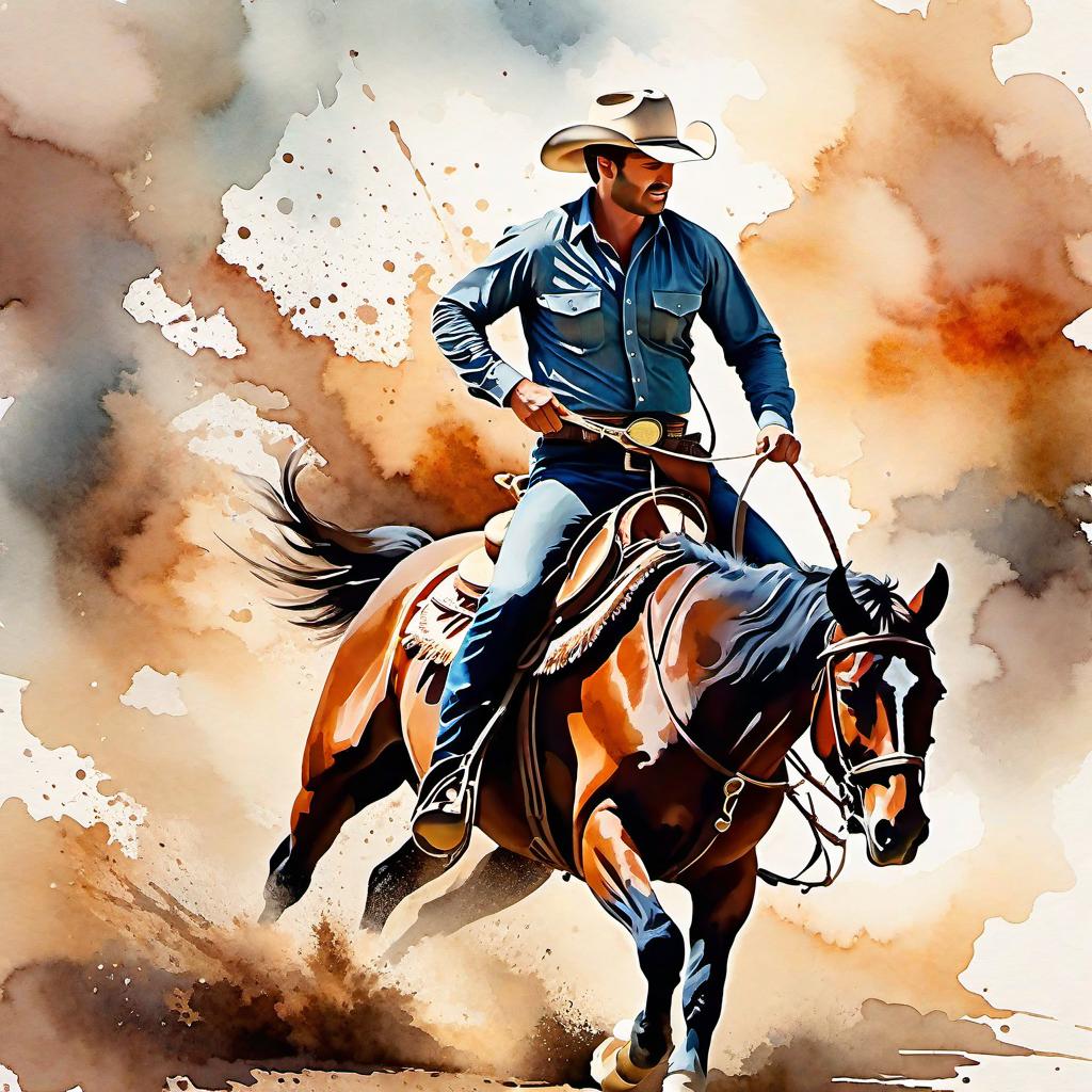  Create a watercolor painting of a man ridding a bucking horse at a rodeo. The background features soft, watercolor style splashes in earthy tones, giving the image an artistic and dreamy feel. Ensure the overall image has a delicate watercolor effect.