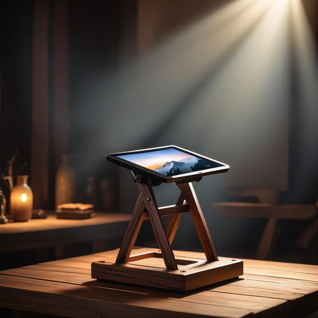  cinematic photo wooden stand, vertical, with support, for tablet . 35mm photograph, film, bokeh, professional, 4k, highly detailed, LOGO, oil painting hyperrealistic, full body, detailed clothing, highly detailed, cinematic lighting, stunningly beautiful, intricate, sharp focus, f/1. 8, 85mm, (centered image composition), (professionally color graded), ((bright soft diffused light)), volumetric fog, trending on instagram, trending on tumblr, HDR 4K, 8K