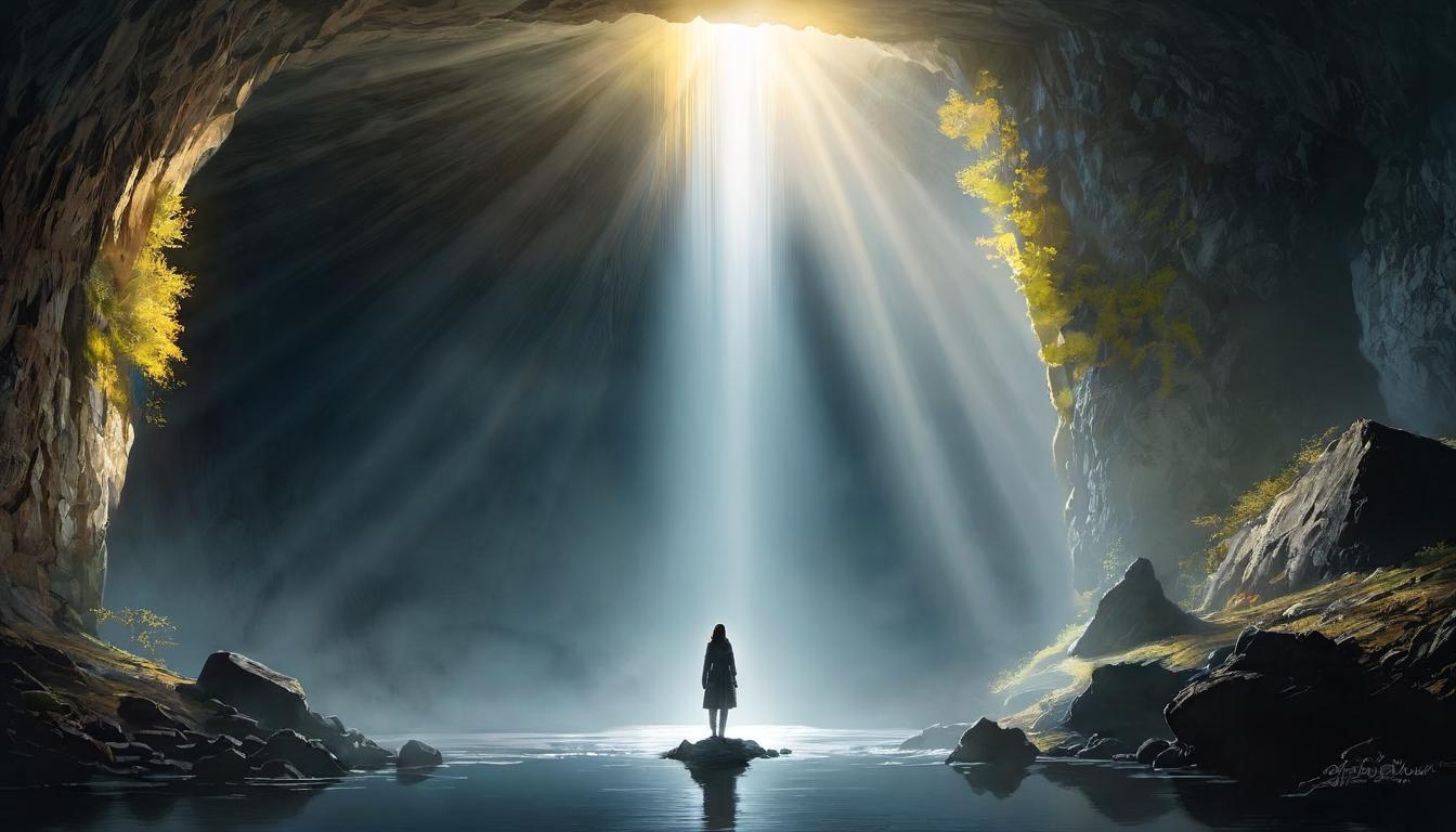  digital illustration, 1woman, standing at the mouth of a cave, light spilling out behind her into the early morning mist, determined expression, breakdown of shadows and light, embarking, purposeful, new beginnings, looking at viewer, dynamic pose, (intricate details, masterpiece, best quality)