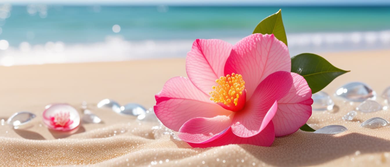  Macro Photography, Beach summer panoramic background with Camellia flower on the cristal sand and glory water, close up, macro 100mm, macro photography