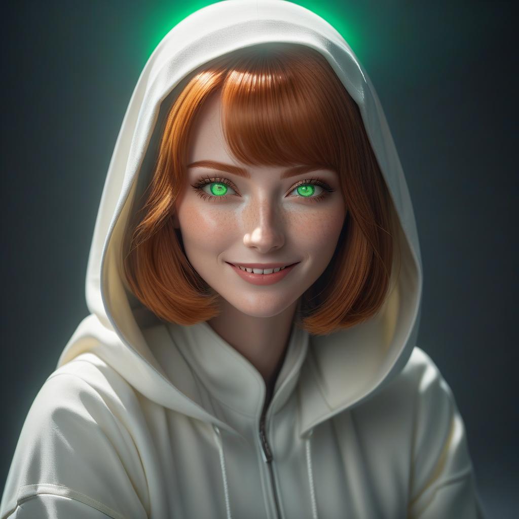  1, (), age , , body, flat , small brests, nun, (full body), freckles, ginger hair, bob cut, bright green eyes, glowing eyes, white clothing, smile, sly smile, , (( face)), cunning, playing around, (extremely hyper detailed face), (masterpiece:1.4), (perfect eyes:1.1), (perfect hands), 2d, anime, extremely detailed clothes. hyperrealistic, full body, detailed clothing, highly detailed, cinematic lighting, stunningly beautiful, intricate, sharp focus, f/1. 8, 85mm, (centered image composition), (professionally color graded), ((bright soft diffused light)), volumetric fog, trending on instagram, trending on tumblr, HDR 4K, 8K