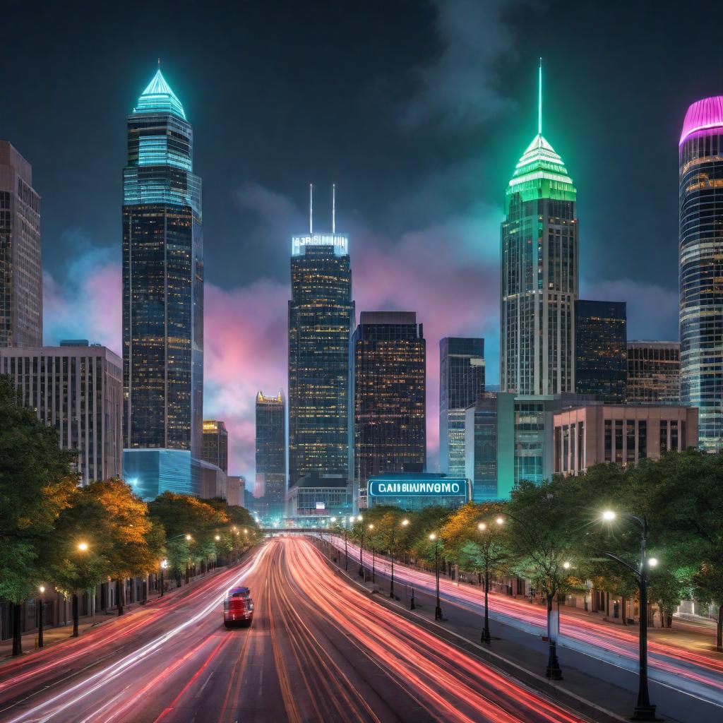  4K, 8K, 3D, live background template for a music post featuring a POV view from the city center strip of Atlanta. Include a nice sky with a vibrant mix of colors. Change the colors of the electricity effects to green and gray, and apply a slight blur effect. Incorporate dynamic visual elements such as musical notes, colorful equalizers, and abstract waveforms to make the image vibrant, energetic, and visually engaging. hyperrealistic, full body, detailed clothing, highly detailed, cinematic lighting, stunningly beautiful, intricate, sharp focus, f/1. 8, 85mm, (centered image composition), (professionally color graded), ((bright soft diffused light)), volumetric fog, trending on instagram, trending on tumblr, HDR 4K, 8K