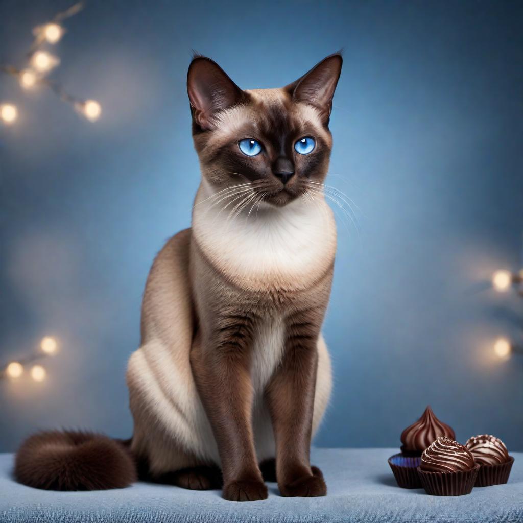  Create a realistic image of a Chocolate Siamese cat with blue eyes. hyperrealistic, full body, detailed clothing, highly detailed, cinematic lighting, stunningly beautiful, intricate, sharp focus, f/1. 8, 85mm, (centered image composition), (professionally color graded), ((bright soft diffused light)), volumetric fog, trending on instagram, trending on tumblr, HDR 4K, 8K