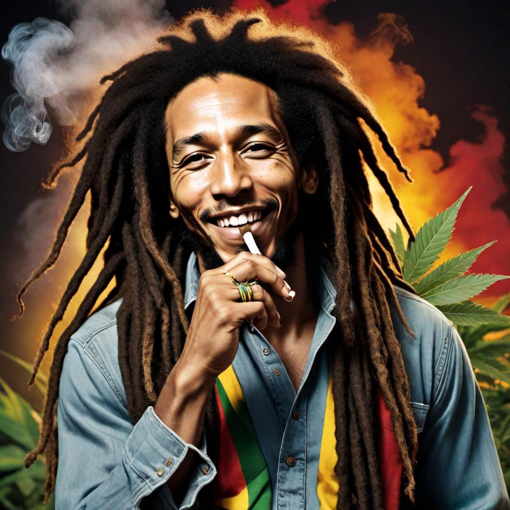  Bob Marley with his iconic dreadlocks, smiling and relaxed, holding a weed joint in his hand and smoking it. A cloud of smoke surrounds him. The background features colorful reggae-themed decor, enhancing the calm, vibrant atmosphere. hyperrealistic, full body, detailed clothing, highly detailed, cinematic lighting, stunningly beautiful, intricate, sharp focus, f/1. 8, 85mm, (centered image composition), (professionally color graded), ((bright soft diffused light)), volumetric fog, trending on instagram, trending on tumblr, HDR 4K, 8K