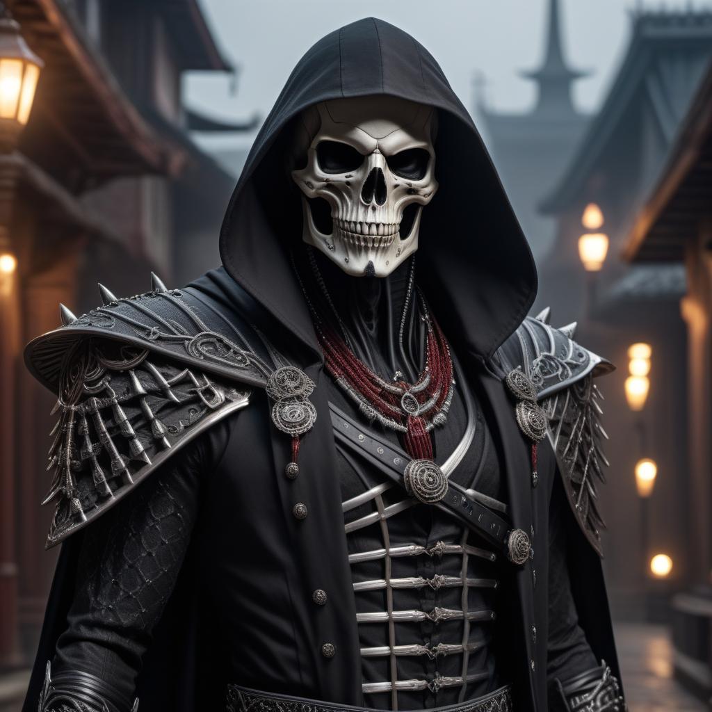  A reaper with traditional reaper attire, calm demeanor, and a slightly reserved nature. His appearance contrasts with Azrael's punk rock style, revealing a more conservative role within the reaper community. hyperrealistic, full body, detailed clothing, highly detailed, cinematic lighting, stunningly beautiful, intricate, sharp focus, f/1. 8, 85mm, (centered image composition), (professionally color graded), ((bright soft diffused light)), volumetric fog, trending on instagram, trending on tumblr, HDR 4K, 8K