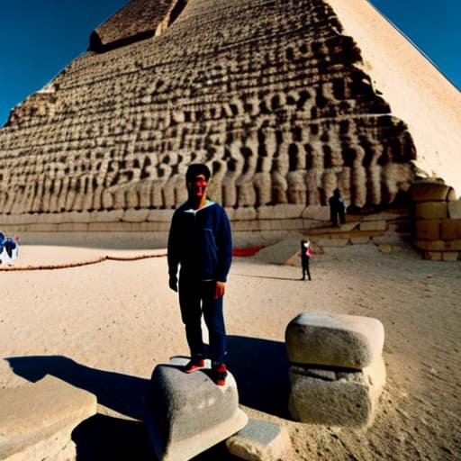 wa-vy style A young man while standing on the top of the pyramid of Egypt and about to jump off while using a parachute