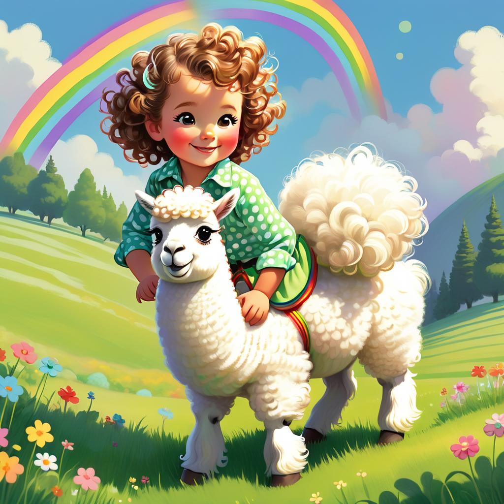  Style of a picture book. with bright, wide eyes and curly hair, wearing a polka-dot shirt and colored pants, riding on a fluffy, white llama with a gentle smile, atop a vint rainbow arching over a lush, green meadow Must be style of hand ilrated art for s, style of a picture book for ren