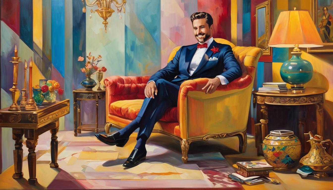  oil paintinghandsome man in stylish attire, surrounded by worldly possessions, charming smile masking inner emptiness, opulent setting, materialistic and shallow(energetic brushwork, bold vibrant colors, expressive, emotional,bold brush, oil stroke, raw, emotional, dynamic, distortion for emotional effect, detailed,beautiful, loose brushwork, light and shadow play, captures feeling over form, balanced color