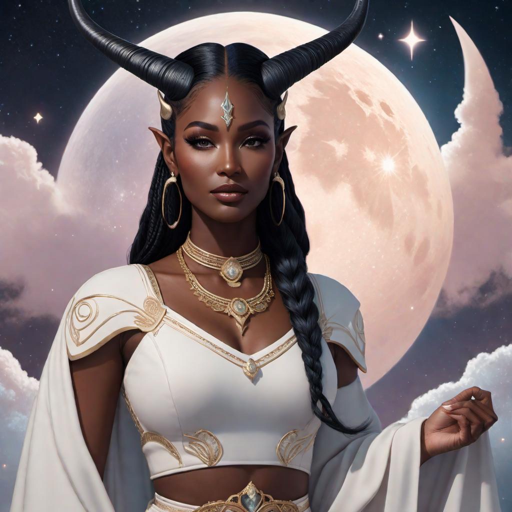  A black female Capricorn fantasy character with horns, illustrated in a lofi style. The character should have a serene, almost ethereal presence, with cosmic elements like stars and a crescent moon incorporated into the background. The color palette should include soft, muted tones with a dreamy, nostalgic aesthetic. The overall mood should be relaxing and calming, embodying the chill vibes typical of lofi art. hyperrealistic, full body, detailed clothing, highly detailed, cinematic lighting, stunningly beautiful, intricate, sharp focus, f/1. 8, 85mm, (centered image composition), (professionally color graded), ((bright soft diffused light)), volumetric fog, trending on instagram, trending on tumblr, HDR 4K, 8K