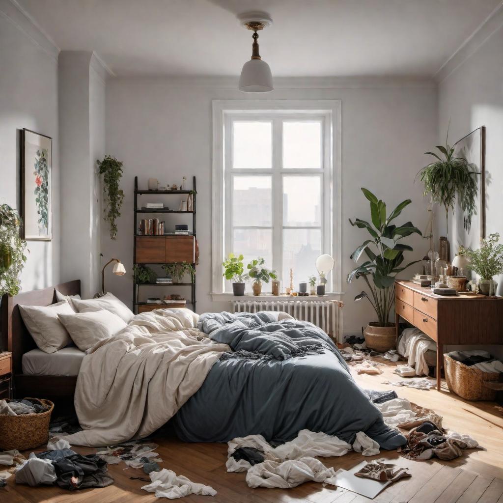  Generate an image of a messy bedroom with clothes scattered all over the floor, unmade bed, and cluttered furniture. hyperrealistic, full body, detailed clothing, highly detailed, cinematic lighting, stunningly beautiful, intricate, sharp focus, f/1. 8, 85mm, (centered image composition), (professionally color graded), ((bright soft diffused light)), volumetric fog, trending on instagram, trending on tumblr, HDR 4K, 8K